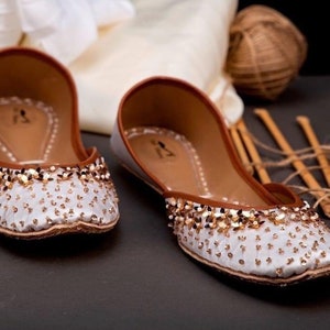 White base Gold Embellished Ballet Flat Shoes Gold Jutis Gold Slip Ons Mojari Gold Khussa Indian Wedding Shoes