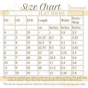 May include: A size chart for flat shoes with measurements in US, UK, EUR, centimeters, and inches. The chart shows the corresponding sizes for each measurement, including extra-wide options.
