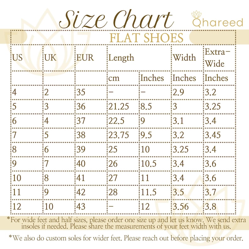 May include: A size chart for flat shoes with measurements in US, UK, EUR, centimeters, and inches. The chart shows the corresponding sizes for each measurement, including extra-wide options.