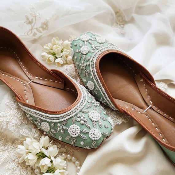 mint green dress with brown shoes Satin Bridal Flats: Handmade Khussa Pearls length dress centered with
