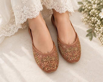 Terracotta Brown Wedding Flats with Gold Floral Beadwork, Handmade Bridal Juttis