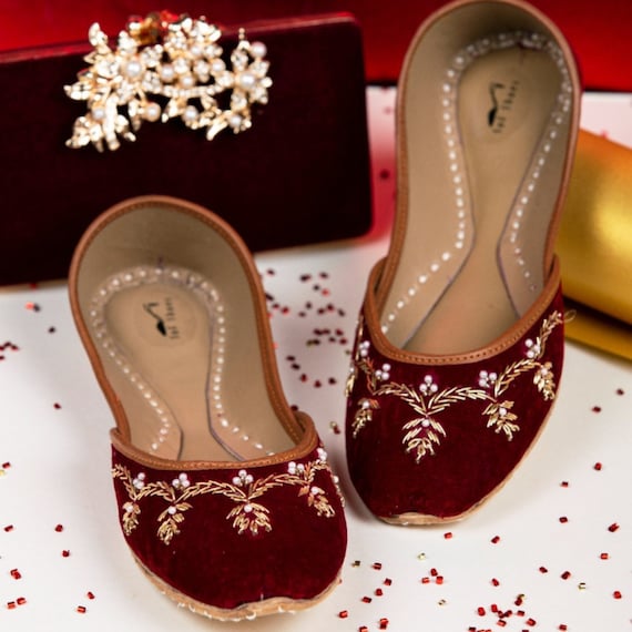 Maroon Velvet Jutti Flats: Gold Vine Embroidery, Pearl Detail Bridal Khussa