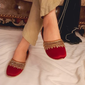 Red Satin Bridal Juttis: Golden Sequin Indian Wedding Shoes