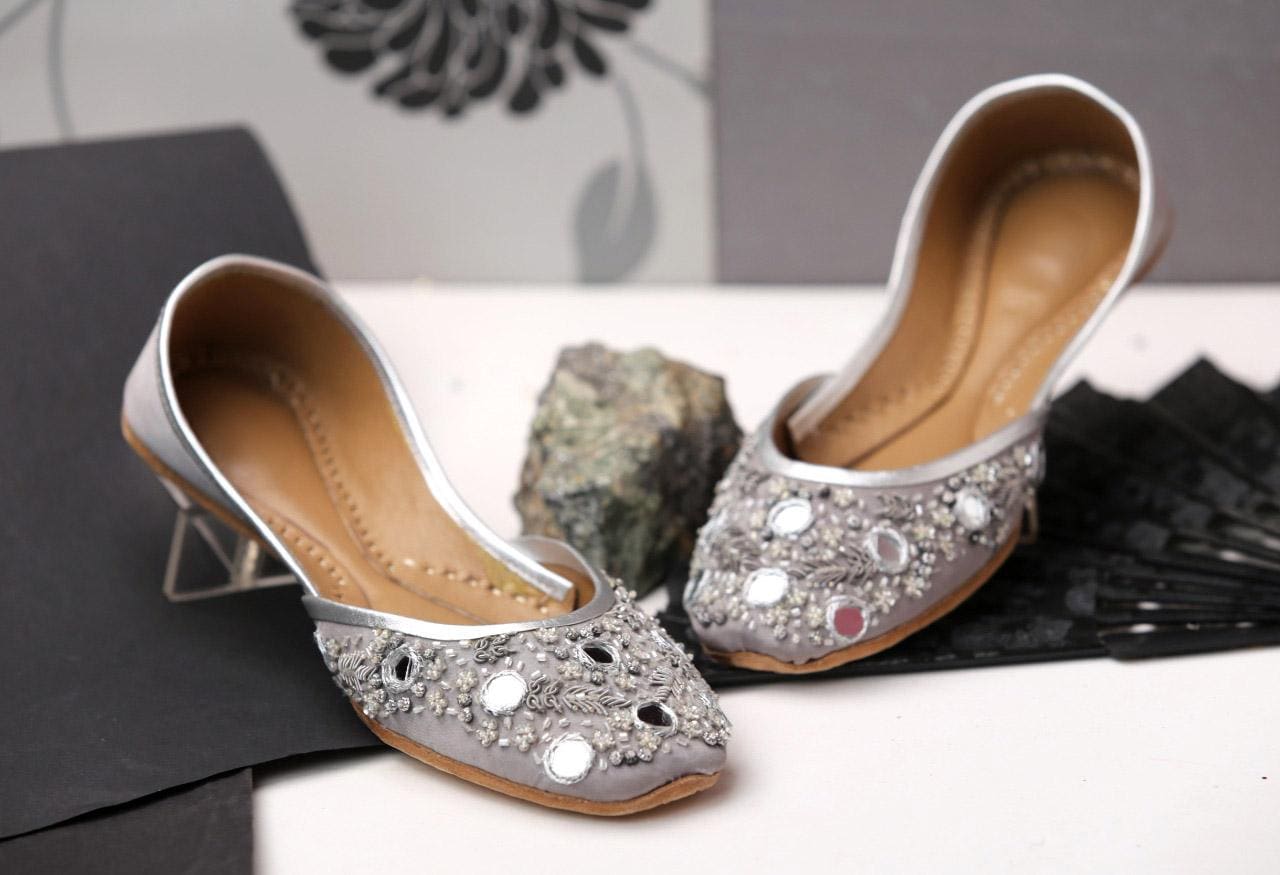 Silver Lining - Handmade Embellished Silver Women Flats Ballet Flats Silver Khussa Juti Mirror Work Bridal Shoes Mojari Indian Juttis
