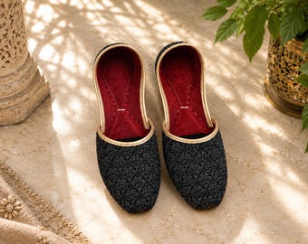 Black Embroidered Men’s Wedding Jutti, Gold Trim Groom Khussa, Punjabi Mojari Shoes for Sherwani