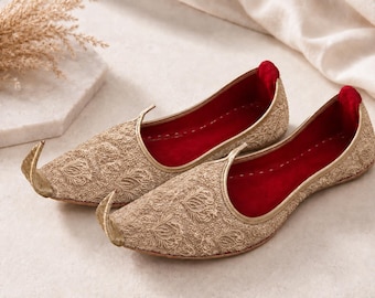 Men’s Champagne Gold Jutti: Embroidered Punjabi Khussa Shoes for Indian, Pakistani and Bohemian Weddings