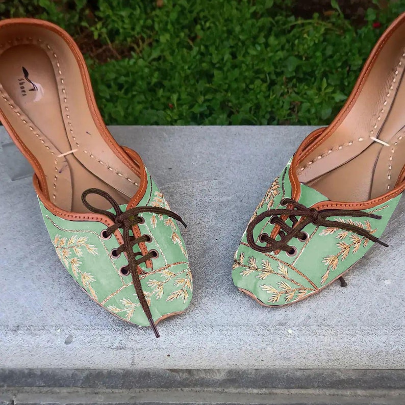 Handmade Lace Up Flats Casual Ethnic Embroidered Shoes Mint Green