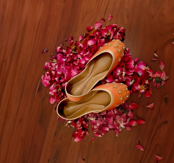 Handmade Orange Flats: Embellishmed Wedding Shoes Wide Fit Option Available