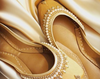 Embellished Beige Bridal Flats: Gold Dabka, Pearl & Rhinestone Jutti