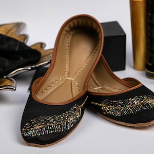 Feathered Radiance Black Ballet Juttis Wedding Slip Ons Bridal Mojari Khussa Indian Traditional Shoes of India Ethnic Footwear Bridal Shoes