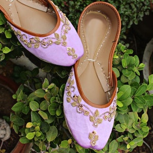 Dreamy Lilac Flats, Lilac Satin Jutti with Golden Floral Embroidery, Handmade Beaded Khussa, Indian Festive Shoes, Wide Fit Available
