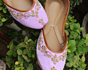 Lilac Satin Wedding Flats: Golden Floral Embroidered Shoes