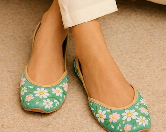 Mint Daisy Hand-Painted Khussas: Seafoam Artisanal Punjabi Juttis for Wedding and Casual Wear