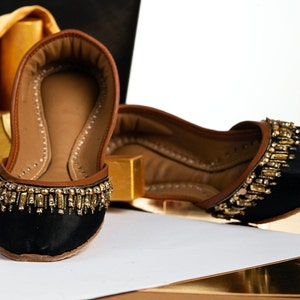 Ebony Black - Wedding Flat Shoes Women Ballet Flats Handmade Black Khussa Bridal Shoes Mojari for Women Indian Juttis Custom Wedding Shoes