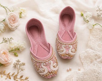 Blush Pink Swan Bridal Flats, Pearl Embroidered Wedding Shoes, Handmade Punjabi Jutti for Brides