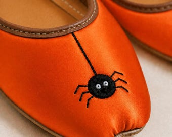 Orange Halloween Flats for Women, Handmade Satin Jutti Shoes with Hanging Black Spider Embroidery