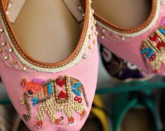 Embroidered Elephant Pink Flats: Handcrafted Satin Mojari Jutti