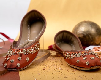Bronze Wedding Flats: Gold Beaded Bridal Shoes, Comfortable Reception Satin Khussas