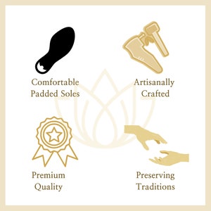 May include: Illustration of a shoe sole, a shoe being crafted, a quality award, and two hands reaching towards each other. The text reads "Comfortable Padded Soles", "Artisanally Crafted", "Premium Quality", and "Preserving Traditions".