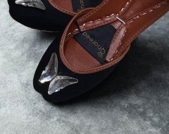 Black Satin Crystal Embellished Wedding Shoes: Butterfly Bridal Flats