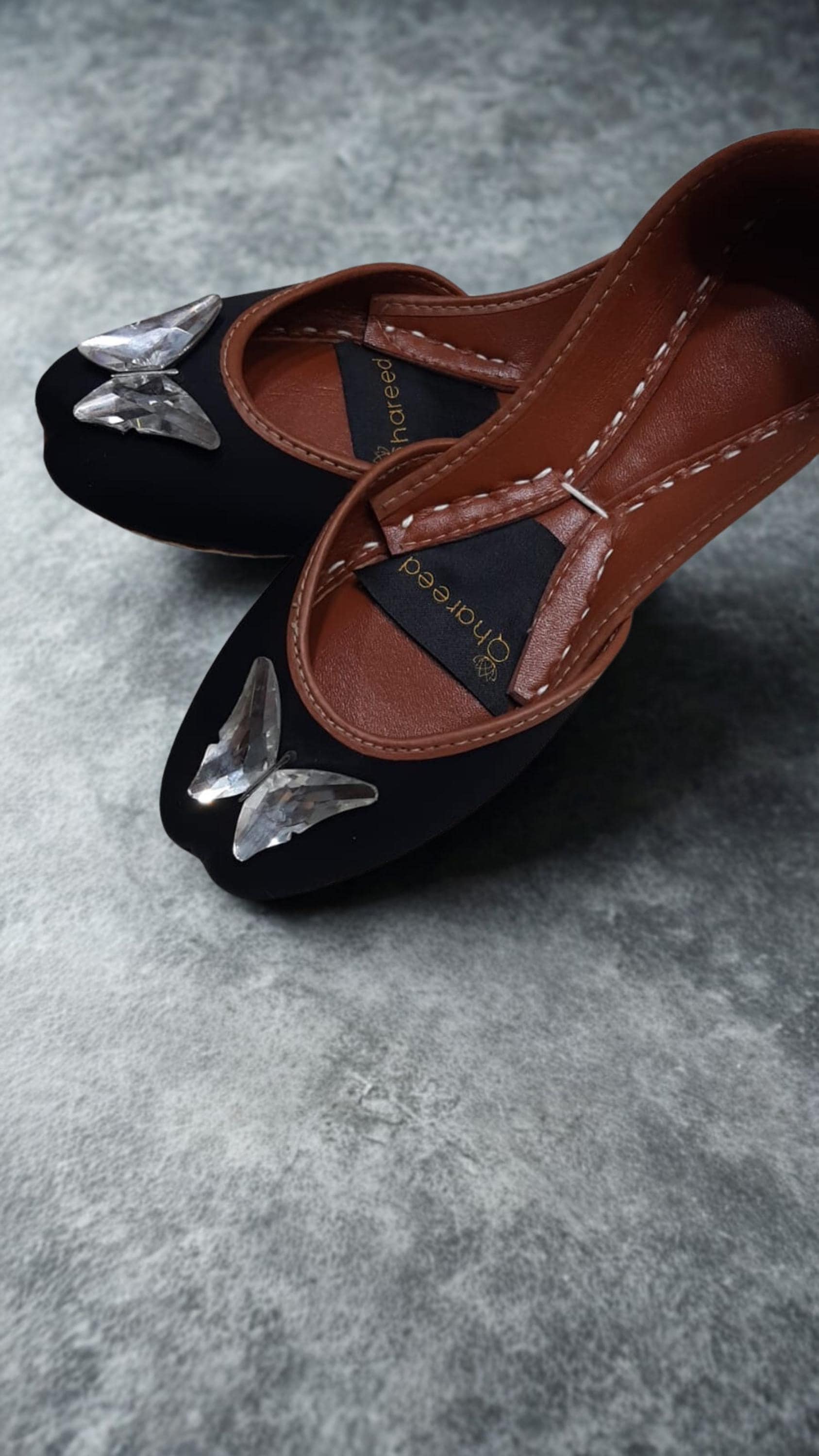 Black Satin Crystal Embellished Wedding Shoes: Butterfly Bridal Flats