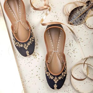 Dreamy Black Flats, Black Satin Jutti with Golden Beads & Dabka, Handmade Vine Embroidery Shoes, Festive Khussa, Indian Flats, Wide Fit