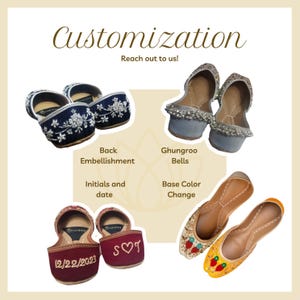 May include: Four pairs of women's flat shoes with different embellishments and colors. The shoes are customizable with initials, dates, and different colored bases. The shoes have a pointed toe and a small heel. The shoes are decorated with silver bells, embroidered flowers, and red and yellow embroidery.