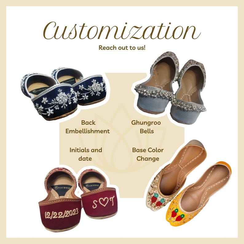 May include: Four pairs of women's flat shoes with different embellishments and colors. The shoes are customizable with initials, dates, and different colored bases. The shoes have a pointed toe and a small heel. The shoes are decorated with silver bells, embroidered flowers, and red and yellow embroidery.
