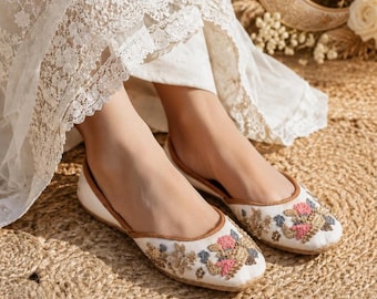 White Floral Wedding Flats: Pastel Embroidered Bridal Shoes, Comfortable Reception Ballet Juttis