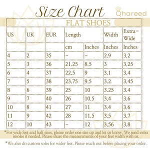 May include: A size chart for flat shoes with measurements in US, UK, EUR, centimeters, and inches. The chart shows the corresponding sizes for each measurement, including extra-wide options.