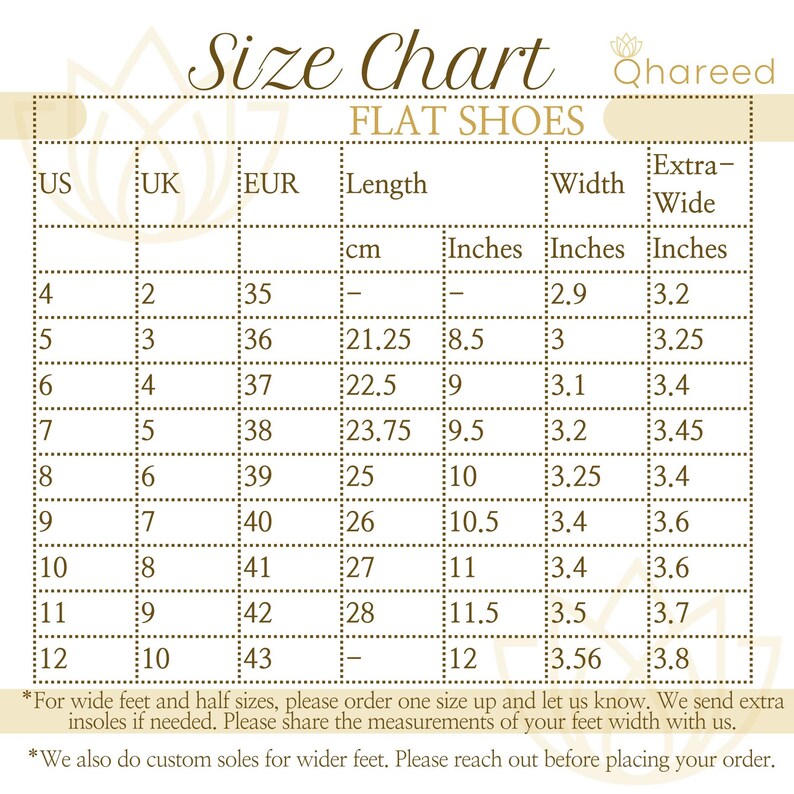May include: A size chart for flat shoes with measurements in US, UK, EUR, centimeters, and inches. The chart shows the corresponding sizes for each measurement, including extra-wide options.
