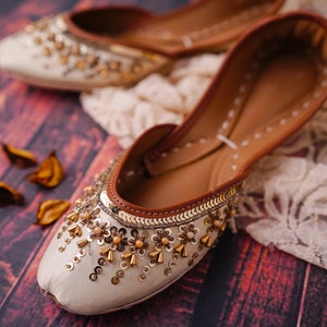 Ivory Bridal Jutti Flats: Handmade Indian Khussa Shoes with Gold Sequins