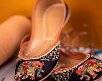 Embroidered Elephant Flats: Handcrafted Satin Mojari Jutti