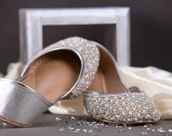 Handmade Pearl Wedding Shoes: Silver Bridal Flats, Indian Jutti
