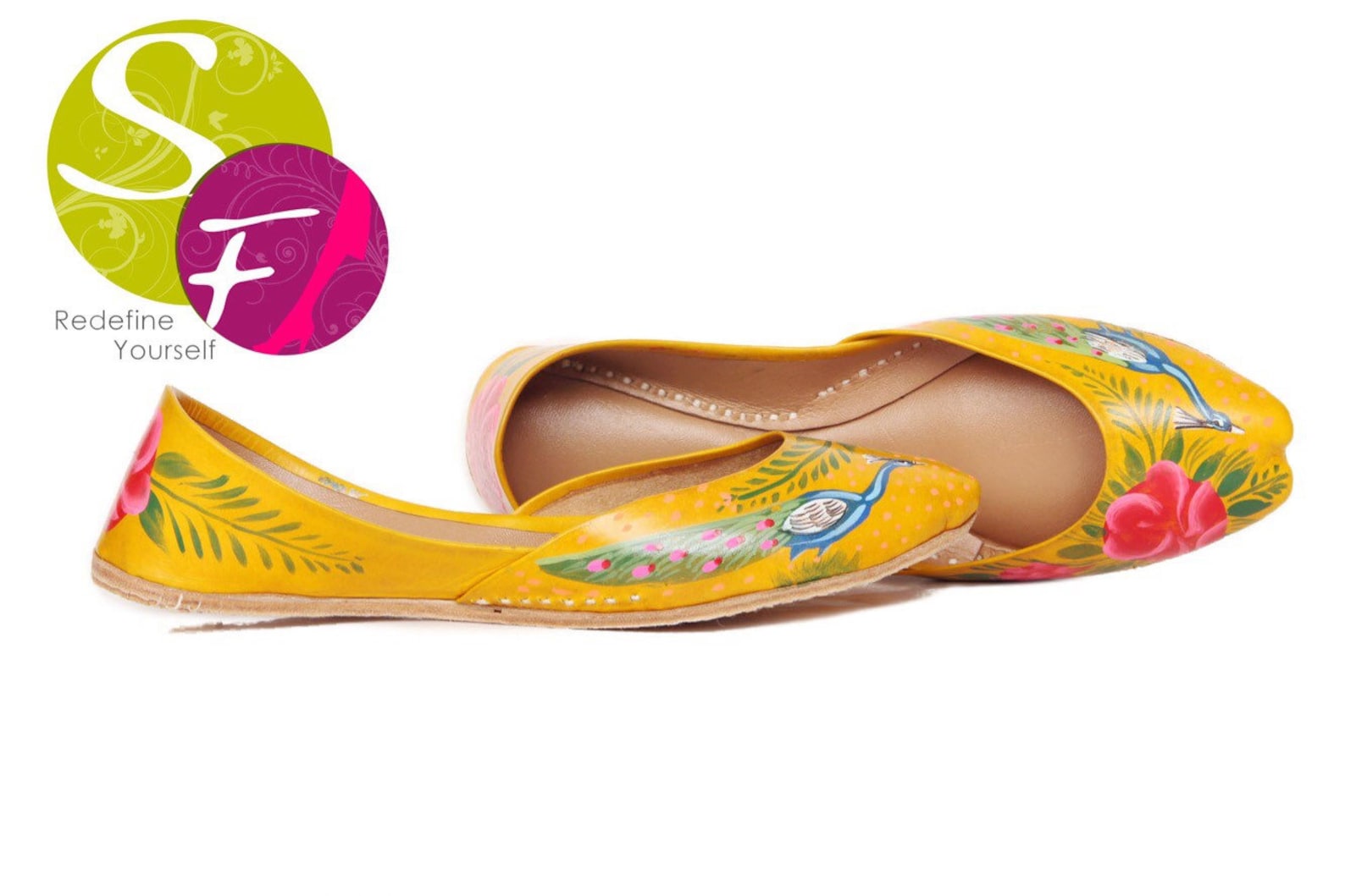 peacock yellow handpainted women flat shoes ballet flats handpainted khussa juti ethnic painted shoes brooch handpainted mojari