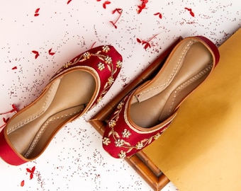 Red Bridal Ballet Flats: Gold Embellished Wedding Khussa Jutti