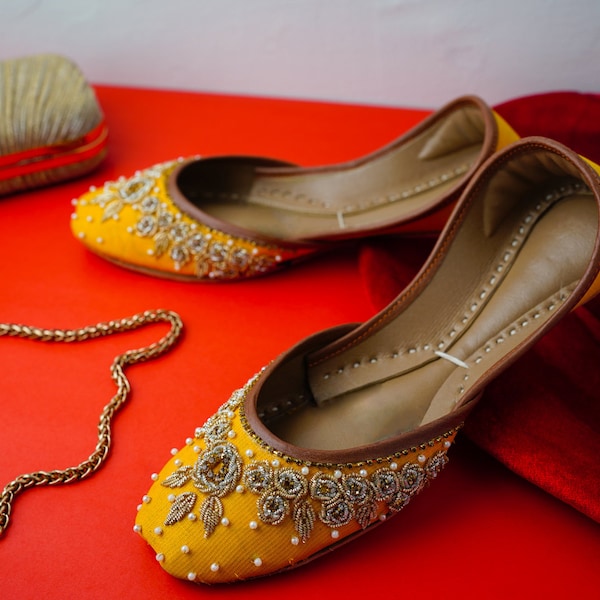 Amber Ensemble - Yellow Ballet Flat with Indian Embellishment Indian Flats Yellow Mojari Yellow Juti Yellow Khussa