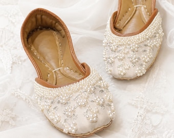 Pearl Bridal Flats Ivory Satin Wedding Shoes Handmade Embroidered Jutti with Silver Floral Details