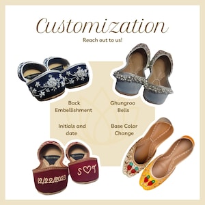 Pode incluir: Quatro pares de sapatos baixos para mulheres com diferentes enfeites e cores. Os sapatos s&atilde;o personaliz&aacute;veis com iniciais, datas e bases de cores diferentes. Os sapatos t&ecirc;m uma ponta pontiaguda e um pequeno salto. Os sapatos s&atilde;o decorados com sinos prateados, flores bordadas e bordados vermelhos e amarelos.