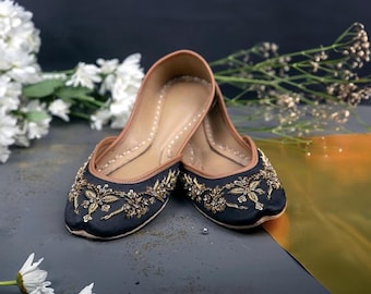 Black Bridal Flats: Gold Embroidered Wedding Shoes, Comfortable Reception Ballet Juttis