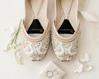 Embroidered Bridal Flats - White Swan Wedding Shoes, Elegant Ivory Reception Juttis, Comfortable Khussa