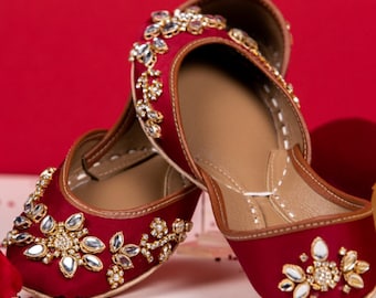 Red Satin Bridal Flats: Kundan Rhinestone Embroidery, Handmade Jutti