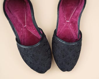 Floral Black Fabric Jutti Shoes: Traditional Khussa Groom's Shoes