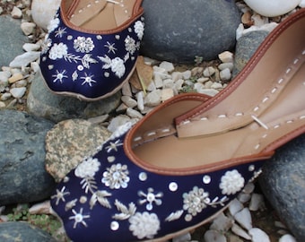 Handmade Sapphire Blue Sequin Ballet Flats: Ethnic Mojari Khussa Juti | Custom Women Flats