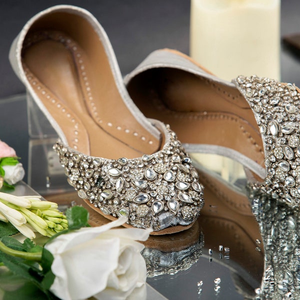 Kundan Floral - Silver base Silver Kundan Embellished Wedding Flat shoes Jutis Silver Wedding Flats Silver Khussa Indian Wedding Shoes