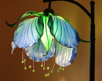 Floor blue flower lamp with green leaves, special lamp for fairies