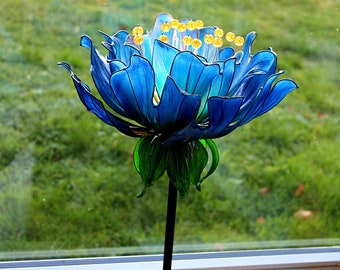 Pivoine blue  blossom flower table lamp, unique handmade table lighting