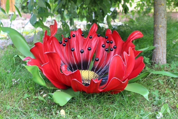 Unique garden lamp red poppy sculpture, fairy evening lampshade