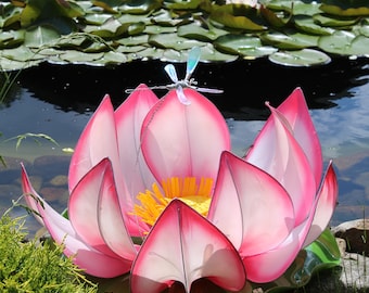 Garden outdoor  lamp for meditation, white pink Lotus with flying dragonfly