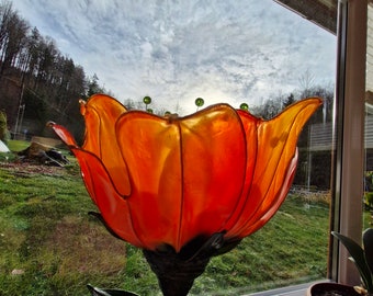 Bright Orange Flower Lamp, Orange Fairy peony lamp with Green Leaves